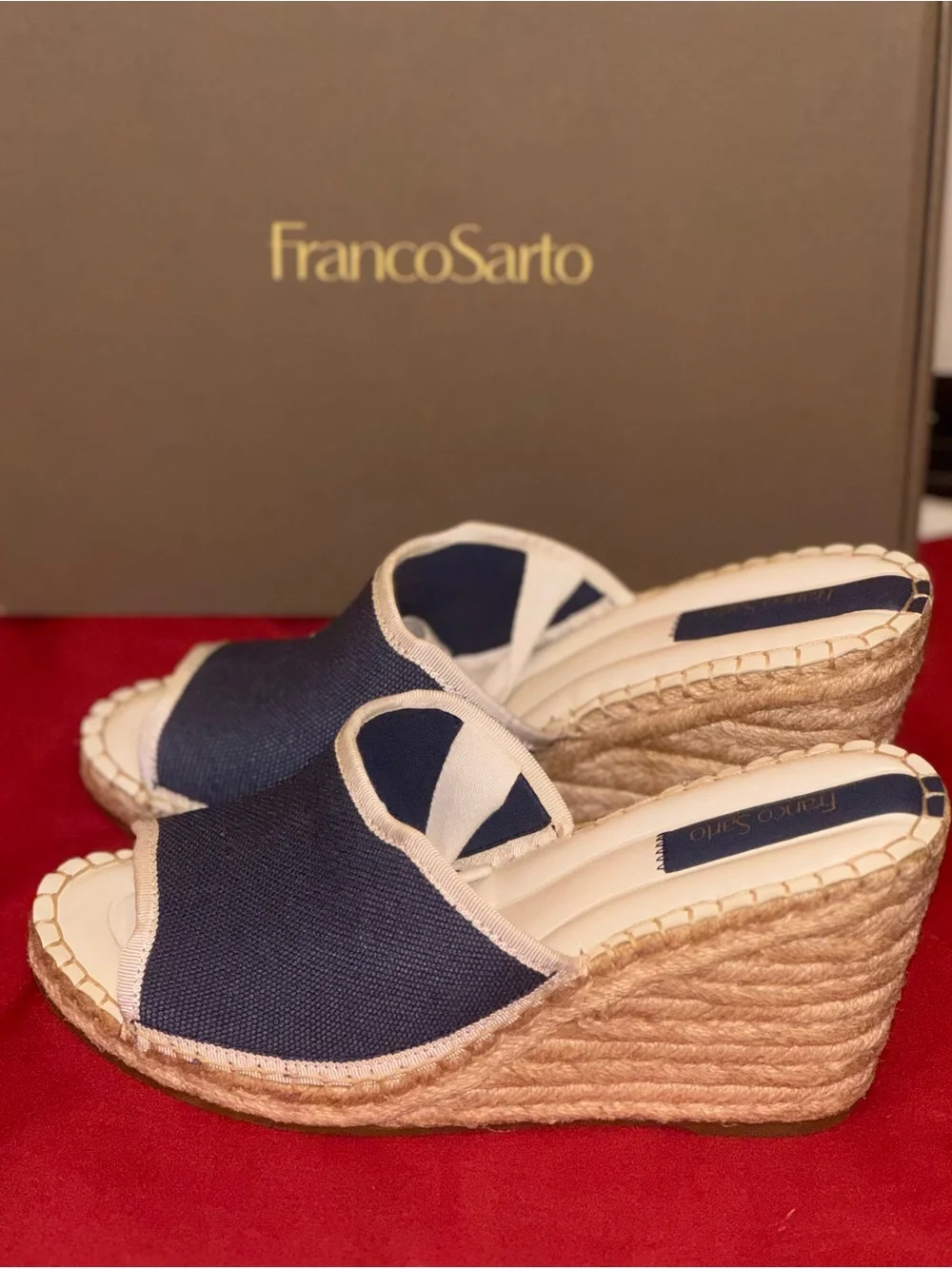 Franco Sarto Navy Canvas Sierra Espadrille Wedge with Cream Ankle Ties NIB 9.5M